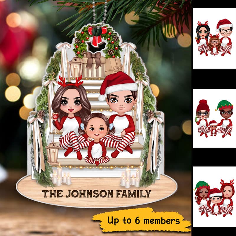Pajamas Doll Family Sitting On Christmas Stair Personalized Wooden Ornament