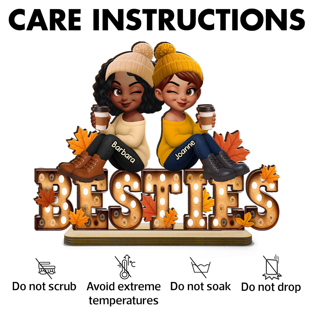 Fall Besties Sitting On Text Marquee Effect Personalized Standing Wooden Plaque, Meaningful Gift For Best Friends
