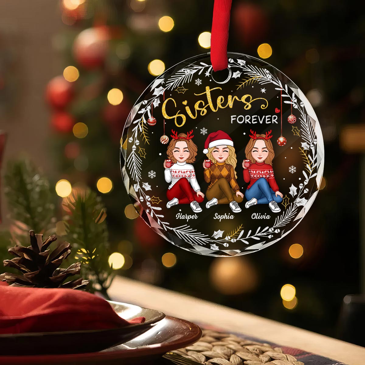 Gorgeous Sisters Forever Personalized Glass Ornament, Christmas Gift For Sisters