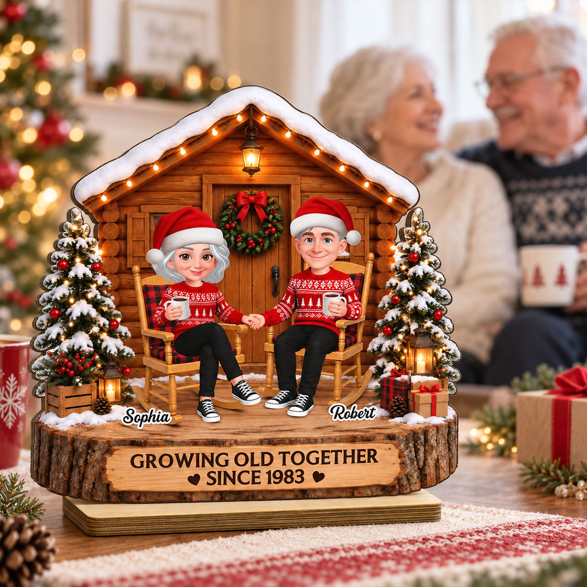 Eternal Love Couple Growing Old Together Wood Cabin House - Personalized 2-Layered Wooden Plaque - Christmas Gift, Anniversary Gift For Couple, For Him, For Her, Christmas Tabletop Decor