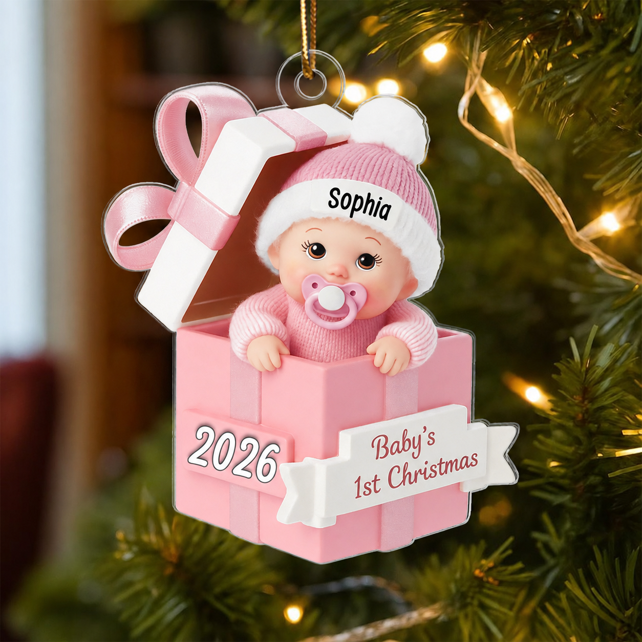 3D Effect Baby In Gift Box - Personalized Acrylic Ornament - First Christmas Keepsake