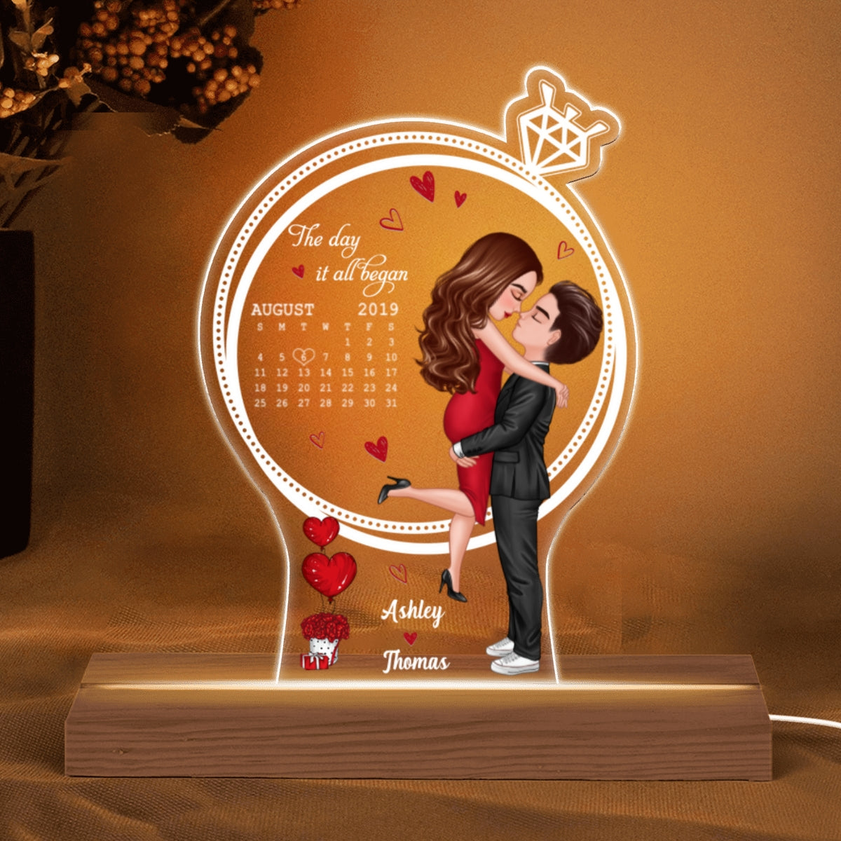Doll Couple Hugging Kissing Ring Shape Calendar Anniversary Date Personalized Custom Shape LED Night Light