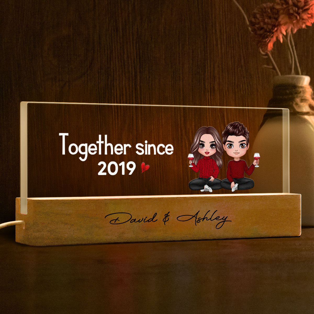 Doll Couple Sitting Together Since Personalized Acrylic LED Night Light, Anniversary Gift For Her, Gift For Him