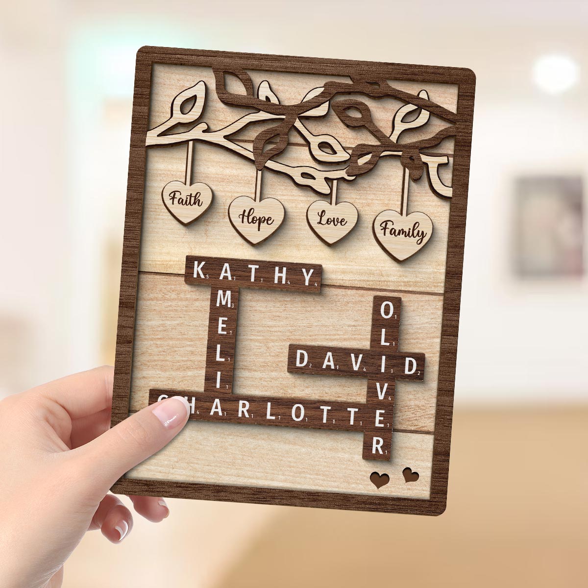 Personalized Wooden Family Tree Sign, Crossword Art Puzzle 2-Layered Wooden Plaque