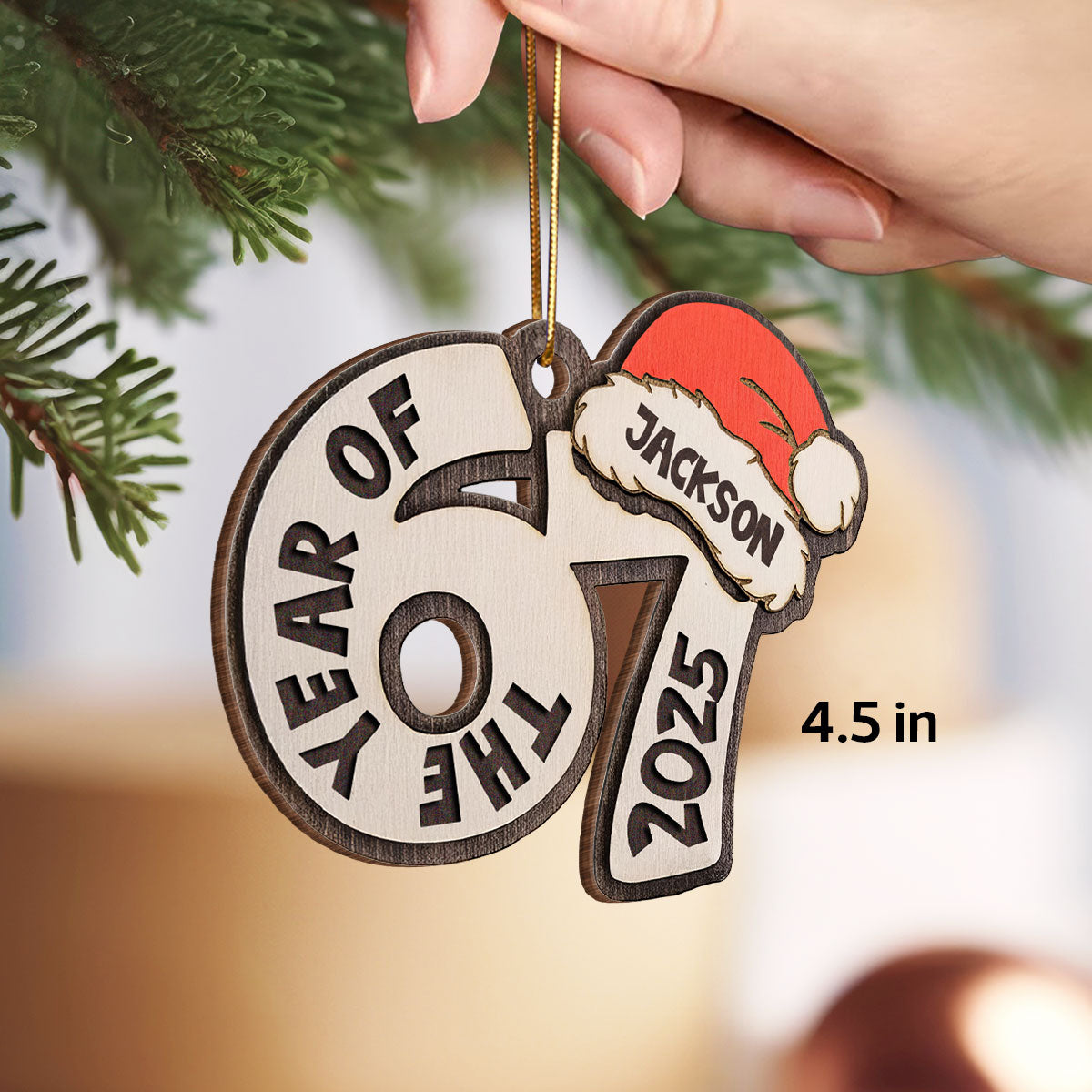 Custom Name The Year Of 67 Six Seven - Personalized Wooden Ornament - 2025 Slang, Funny Teen Grandkid, Gen Alpha Christmas Gift