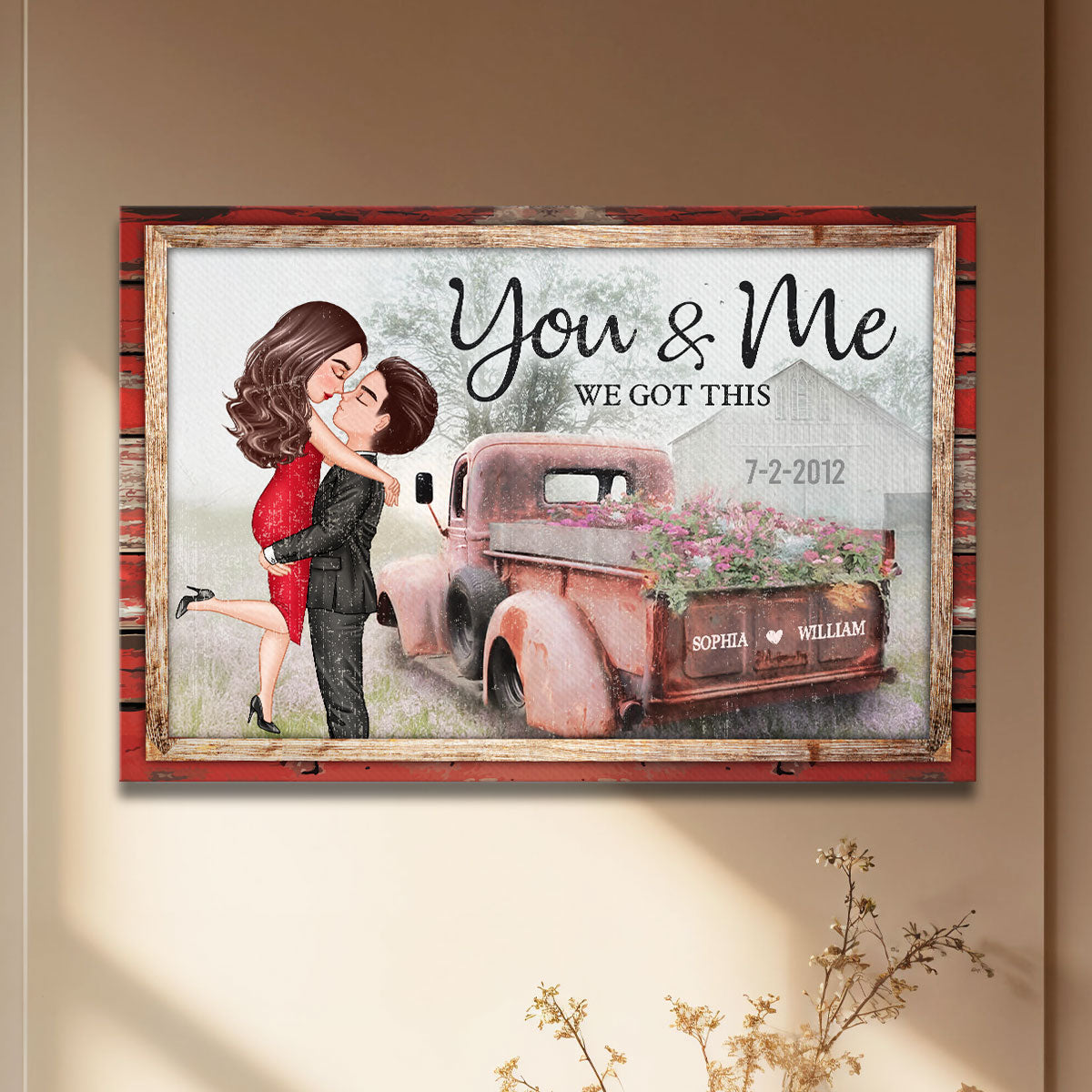Red Vintage Truck Farmhouse Couple Hugging Kissing Personalized Canvas Print, Anniversary  Gift For Him, For Her