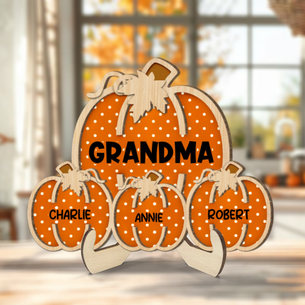 Fall Season Grandma Little Pumpkins Polka Dot Pattern Personalized 2-Layer Wooden Plaque