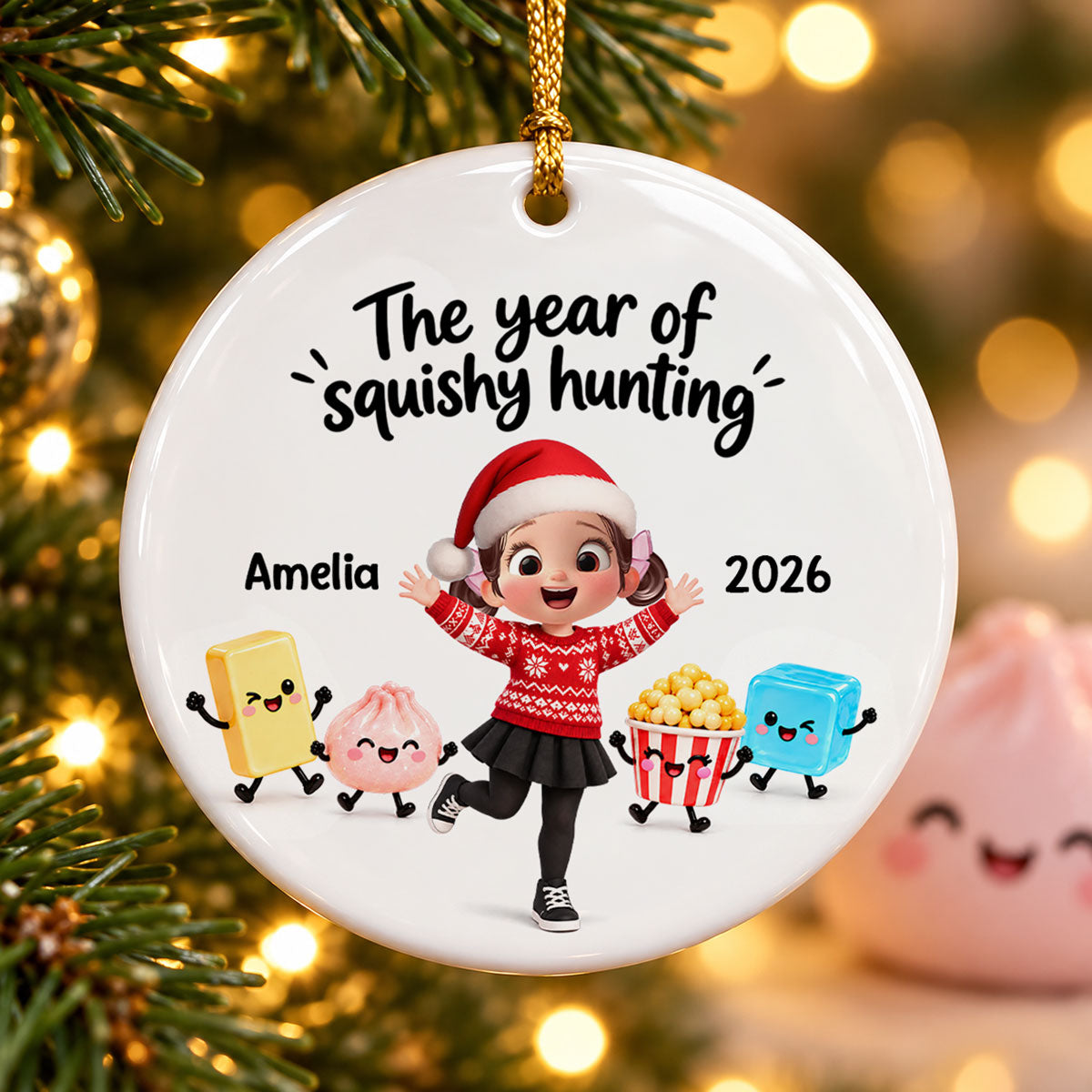 Cute Girl Boy The Year Of Squishy Hunting - Personalized Ceramic Ornament - Christmas Gift For Daughter, Son, Grandchildren, 2026 Keepsake
