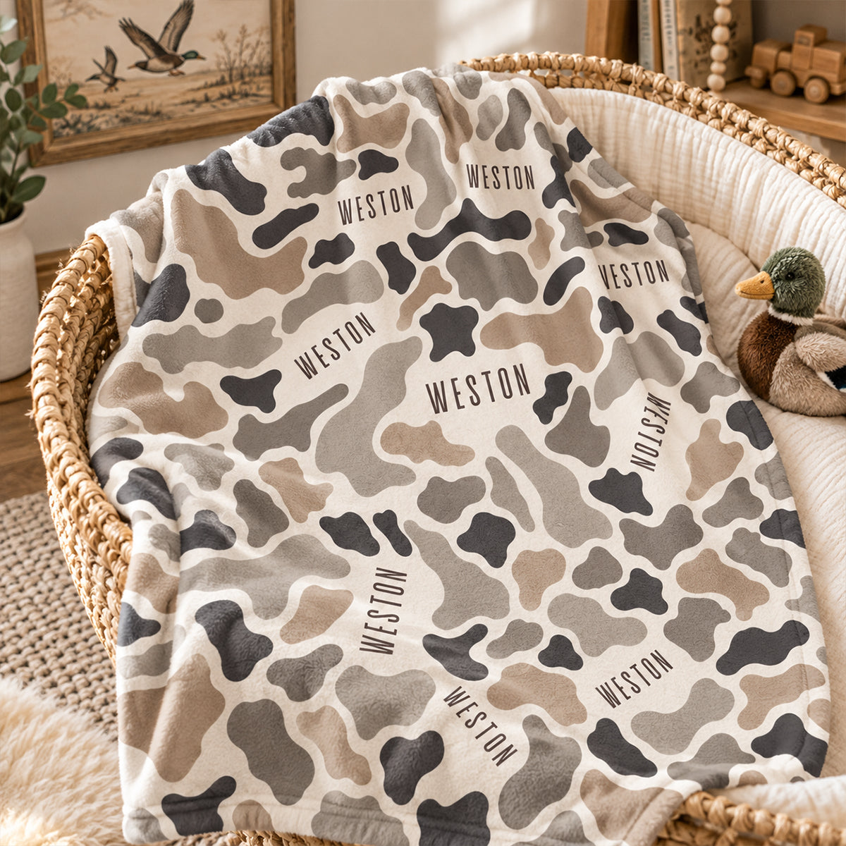 Wildlife Camo Print Custom Baby Name - Personalized Fleece Blanket - Nursery Hunting Theme For Baby Boy