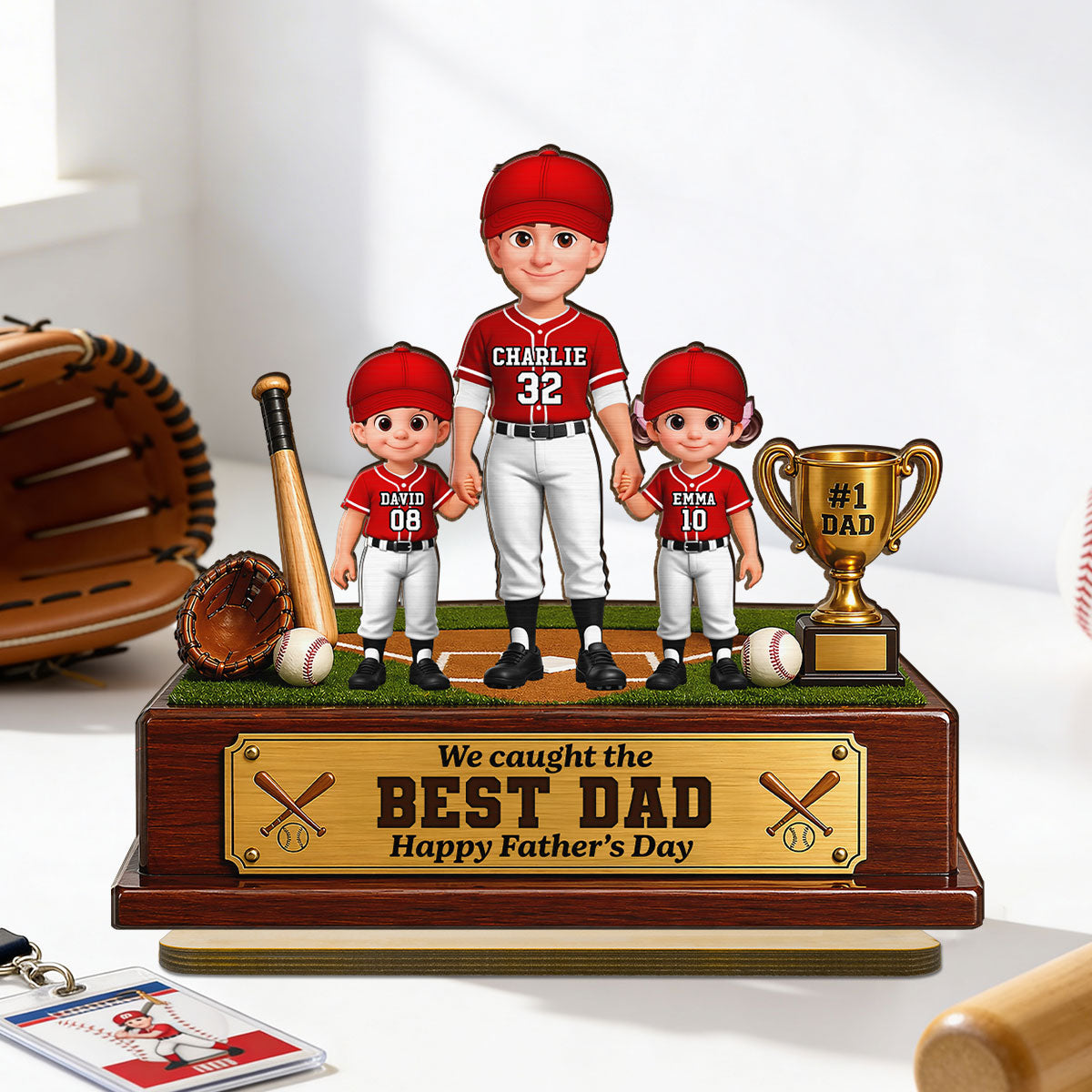 Baseball We Caught The Best Dad - Personalized 2-Layered Wooden Plaque - Father's Day Gift For Dad