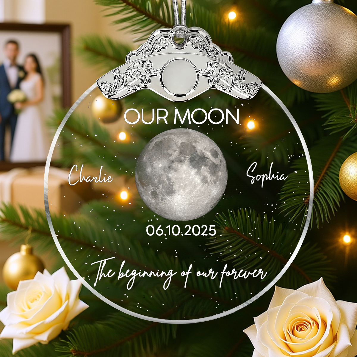 Custom Moon Phase Couple Anniversary Date The Beginning Of Our Forever - Personalized Glass Ornament With Silver Cap