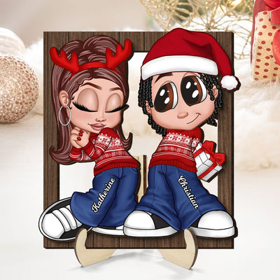 Christmas Y2K Couple Frame Personalized 2-Layer Wooden Plaque