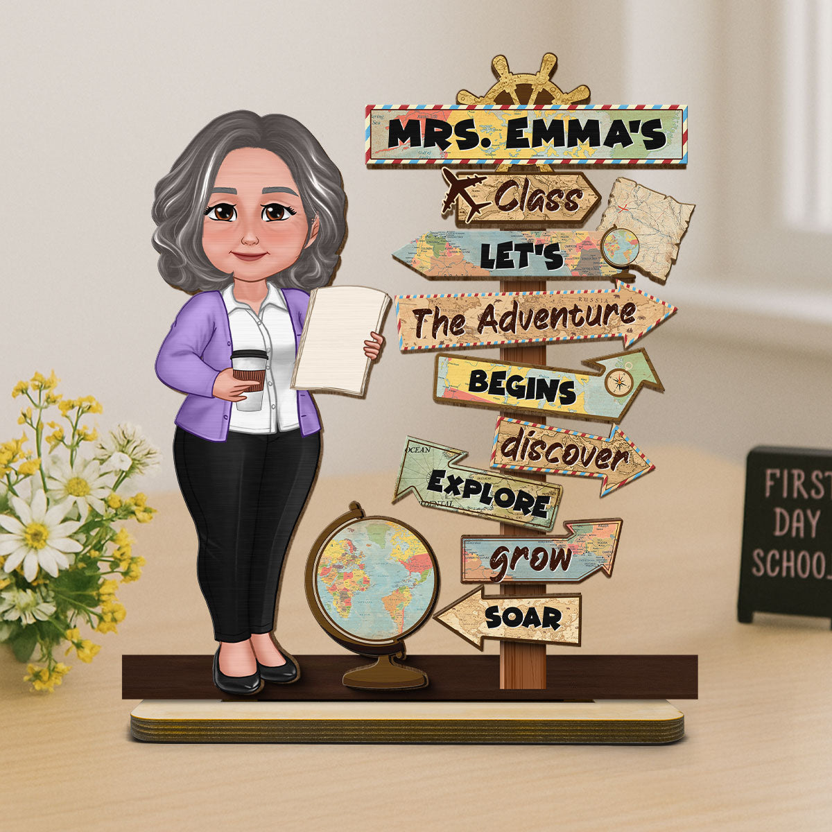 Let's The Adventure Begins Personalized 2-Layer Standing Wooden Plaque, Classroom Decoration, Desk Decor