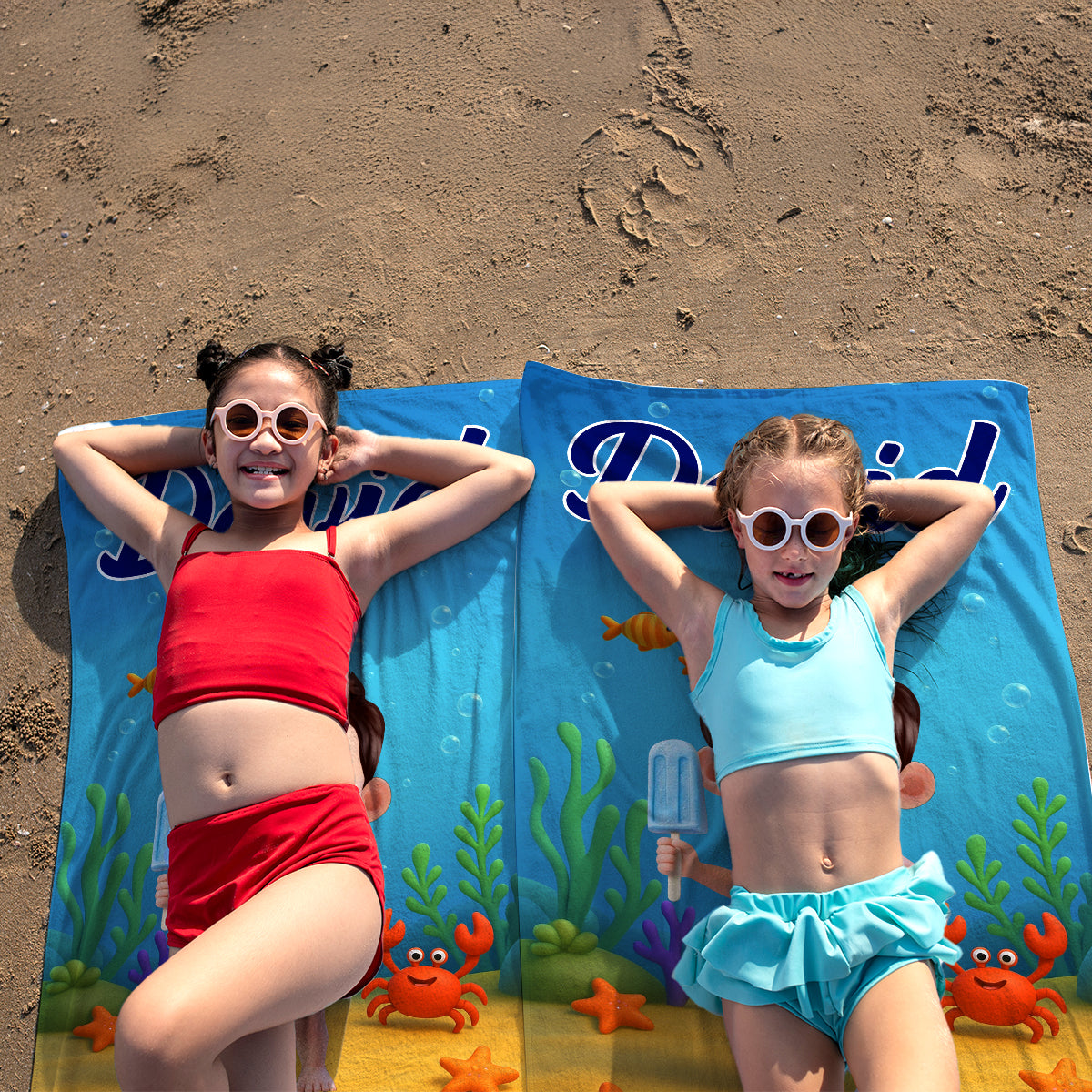 Personalized Cute Cartoon Kids Ocean Beach Towel, Fun Beach Designs, Gift For Girls Or Boys