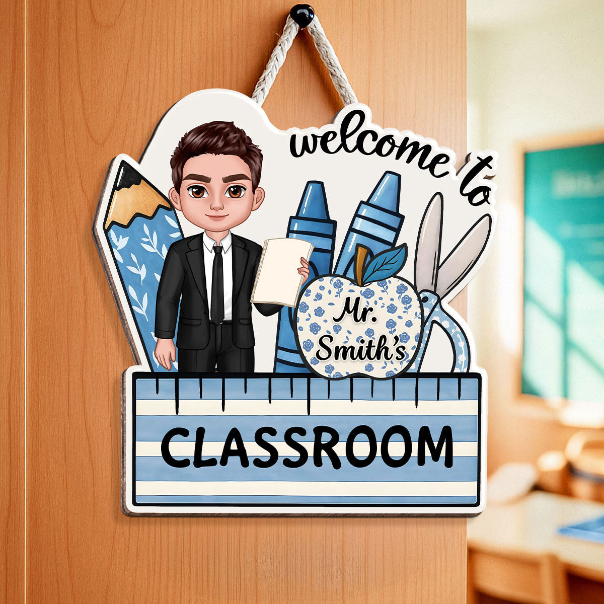 Welcome To Teacher Classroom Blue Floral Personalized Door Sign