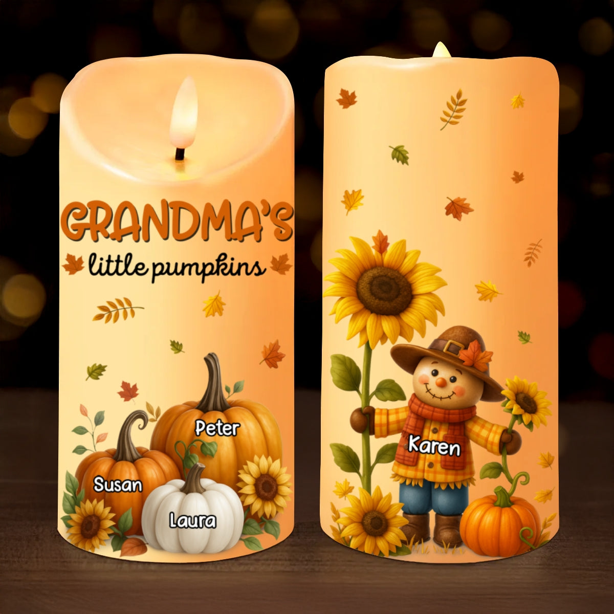 Grandma's Pumpkin Patch Scarecrow Personalized LED Candle, Cozy Fall Decor for Grandma