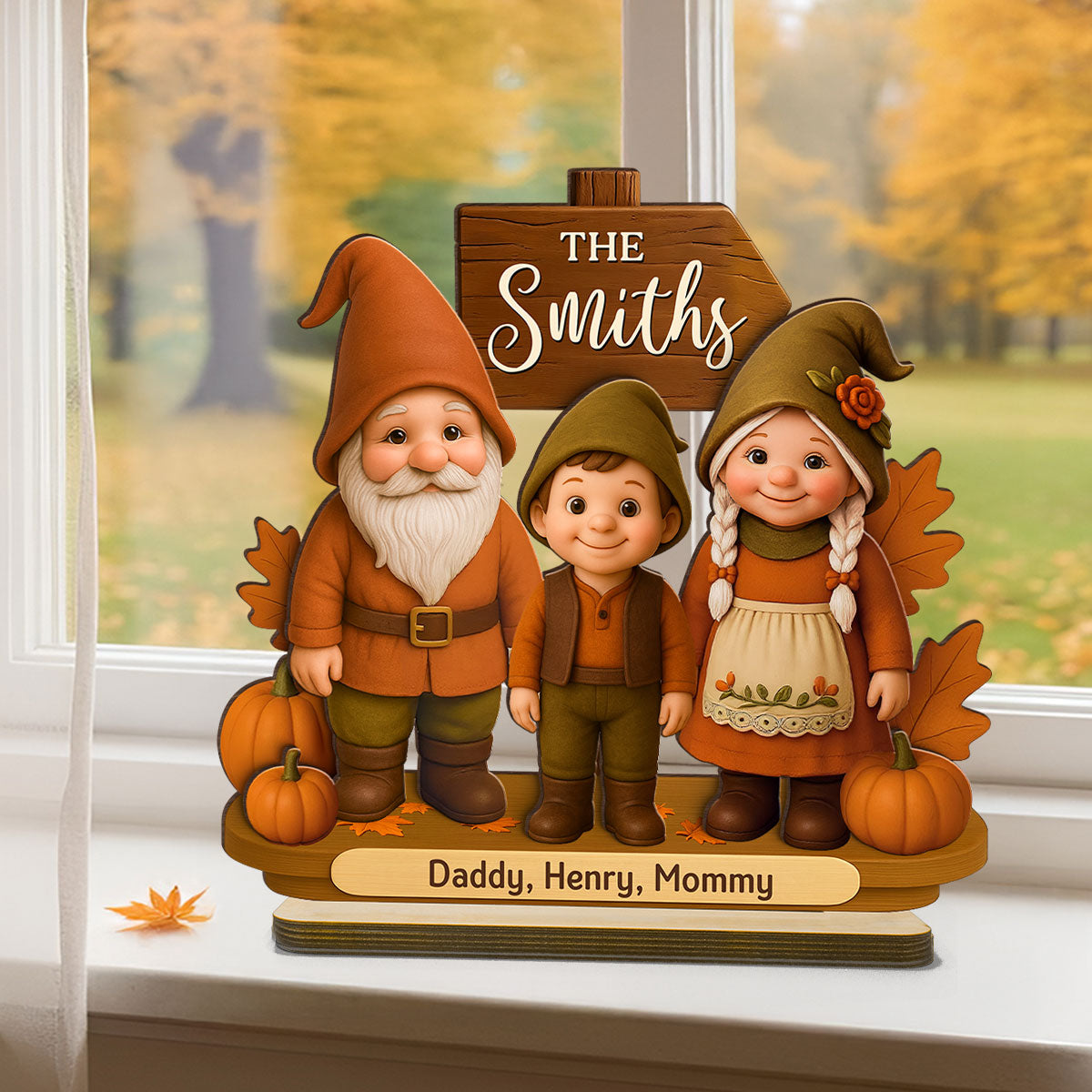 Gnome Family Fall Season Personalized 2-Layer Standing Wooden Plaque