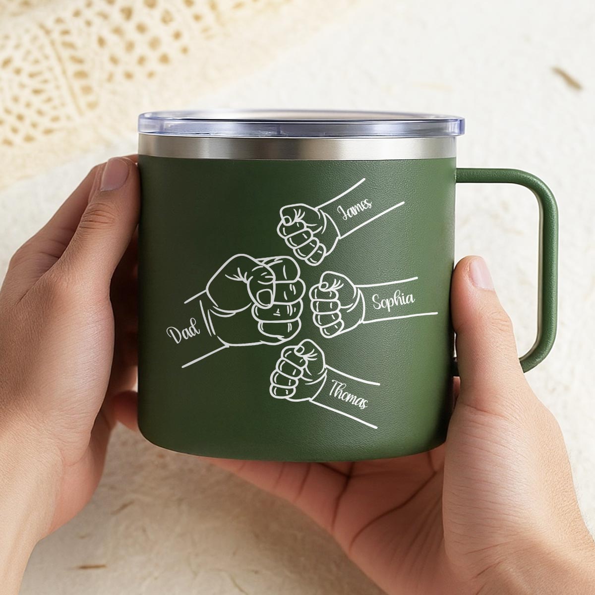 Dad & Kids Fist Bumps Outline Personalized Stainless Steel Tumbler With Handle, Father's Day Gift