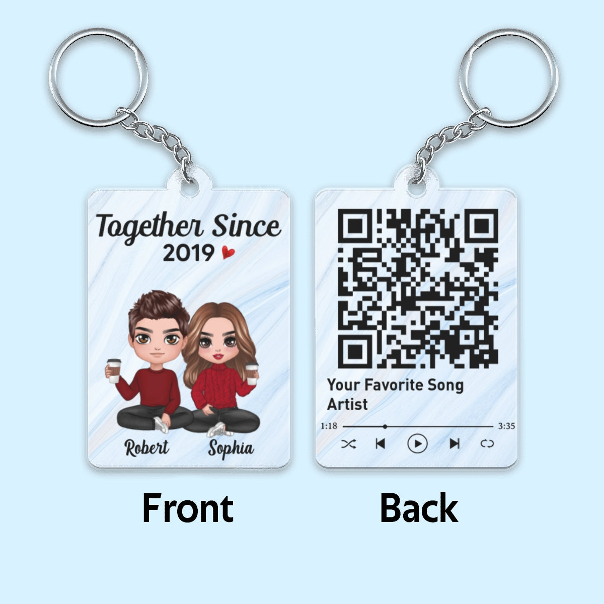 Doll Couple Sitting Together Favorite Song Scannable QR Code Marble Effect Personalized Acrylic Keychain