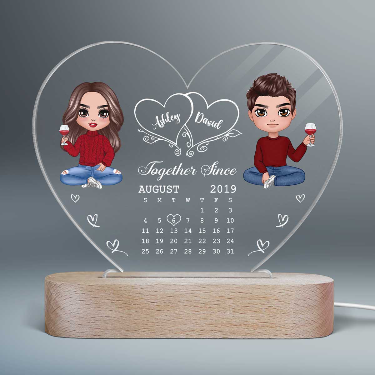 Hearts Doll Couple Sitting Calendar Anniversary Date Gift For Him Gift For Her Personalized Acrylic Heart Plaque LED Lamp Night Light