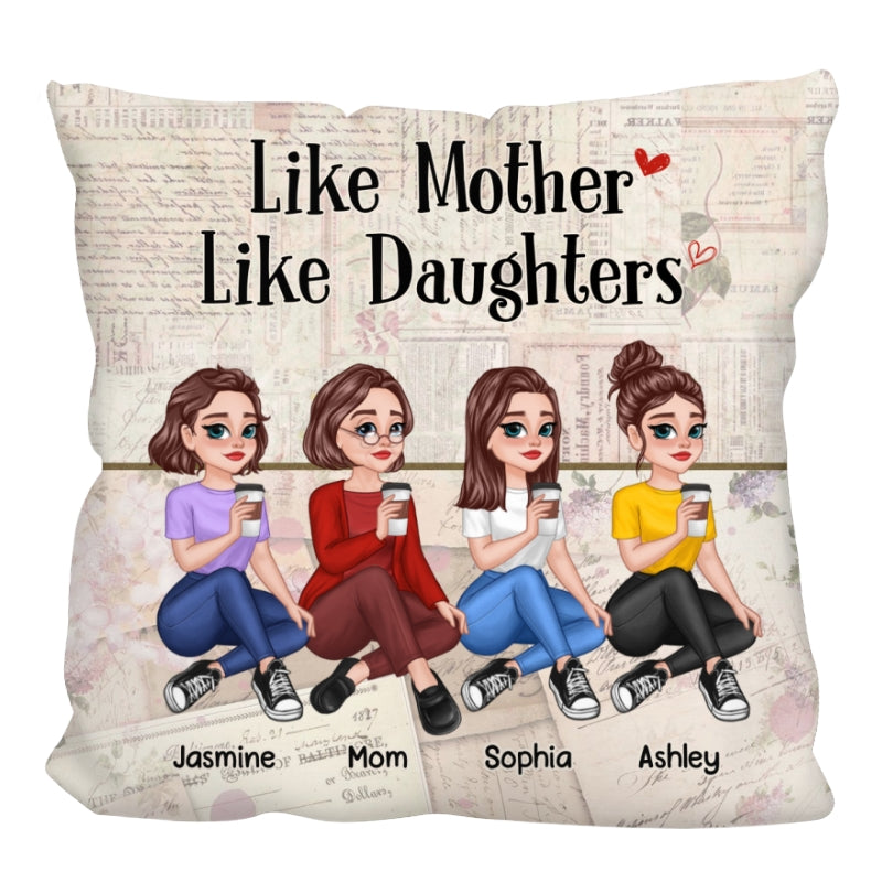 Floral Old Paper Pretty Cartoon Mother Daughter Sitting Personalized Pillow