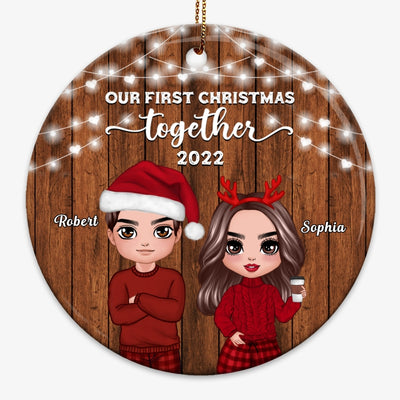 Doll Couple First Christmas Wooden Background Personalized Circle Ornament