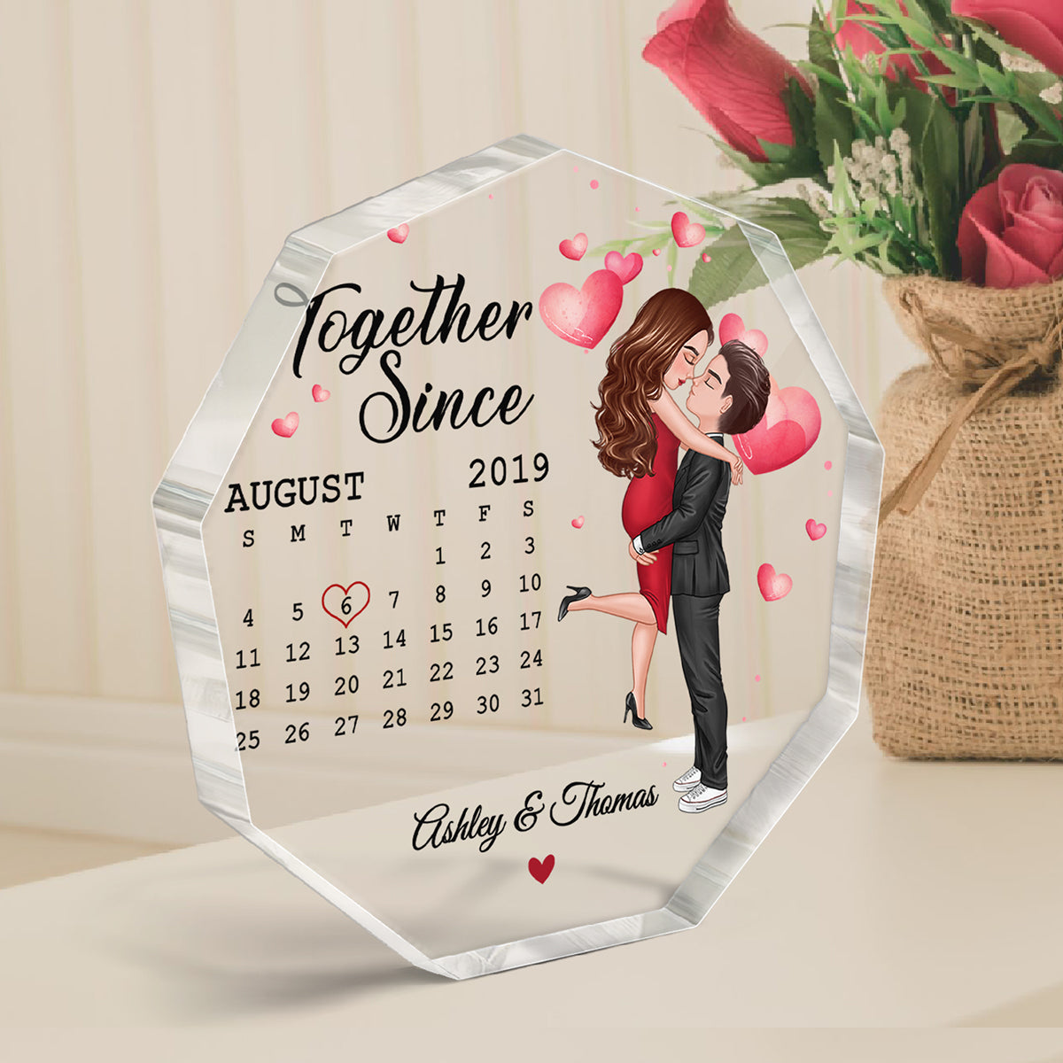 Doll Couple Hugging Kissing Calendar Anniversary Date Personalized Acrylic Nonagon Plaque