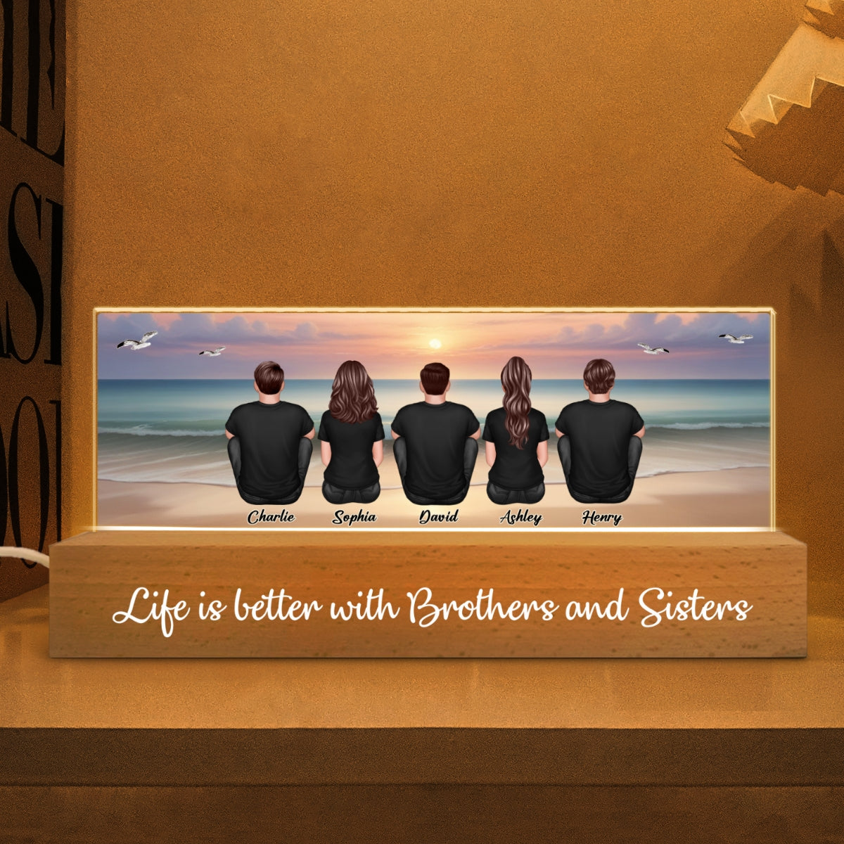 Beach Landscape Brothers & Sisters Sitting Personalized Acrylic Block LED Night Light, Unique Christmas Gift For Siblings