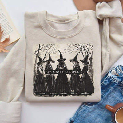 Vintage Witch Girls Will Be Girls Personalized Sweatshirt, Halloween Party Matching Shirt