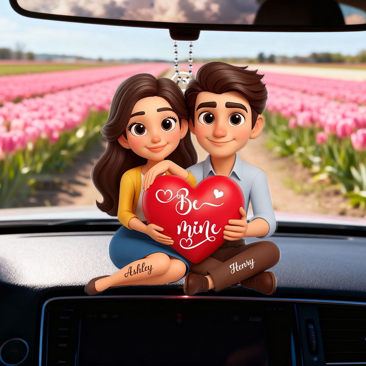 Eternal Love Cartoon Couple Sitting - Personalized Acrylic Car Hanger - Sentimental Gift for him, for her