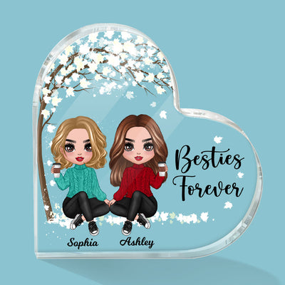 Doll Besties Sisters Sitting Under Tree Personalized Acrylic Heart Plaque