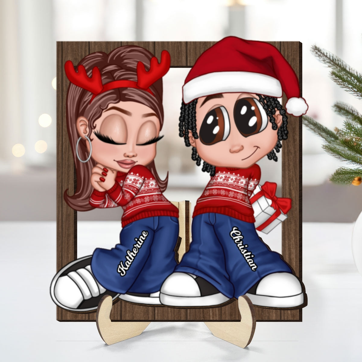 Christmas Y2K Couple Frame Personalized 2-Layer Wooden Plaque