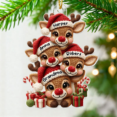 3D Effect Faux Yarn Grandma & Grandkids Reindeer Christmas - Personalized Acrylic Ornament - Gift for Grandma, Grandkids