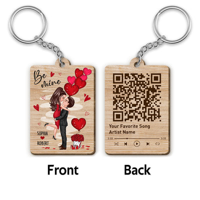 Be Mine Doll Couple Hugging Kissing Favorite Song QR Code Personalized Wooden Keychain
