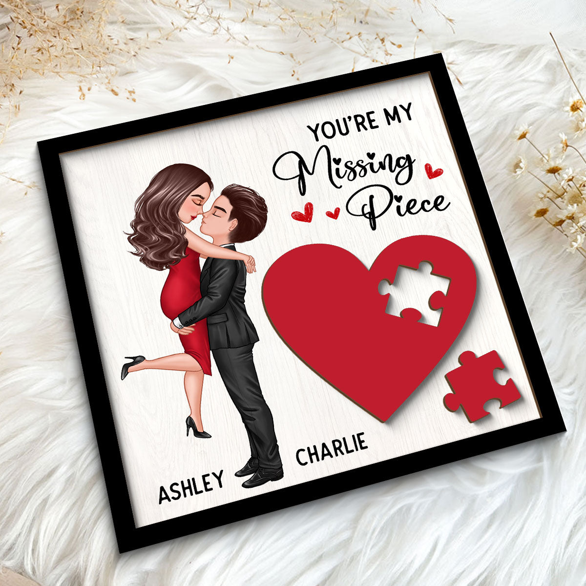 Couple Missing Piece Red Heart Personalized 2-Layer Wooden Plaque, Valentine‘s Day Gift For Him, For Her