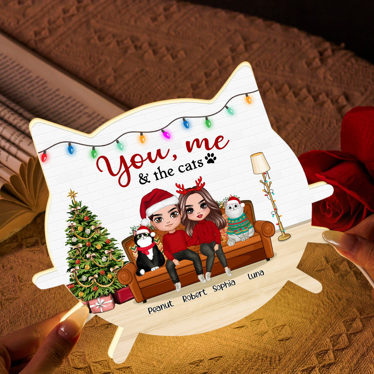 Christmas Couple You And Me And The Cats - Personalized Light Box - Gift For Cat Lovers