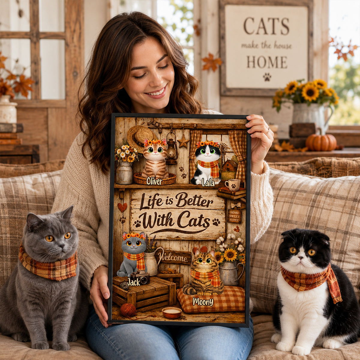 Life is Better with Cats - Personalized Poster - Cozy Fall Decor for Cat Lovers