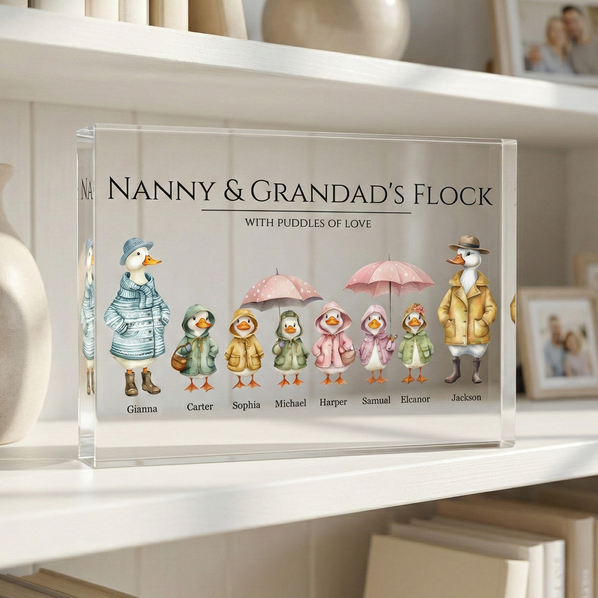 Grandparents Grandma Grandad's Flock Cute Watercolor Ducks - Personalised Acrylic Block Plaque
