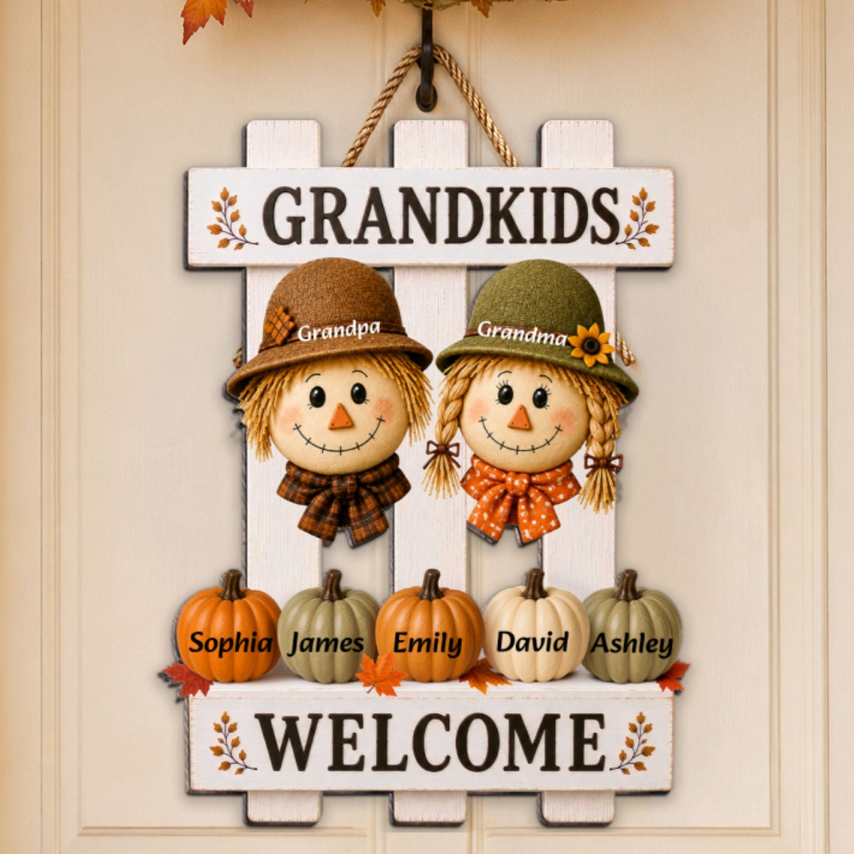 Scarecrow Grandparents Welcome Grandkids 2D Flat - Personalized Wood Sign