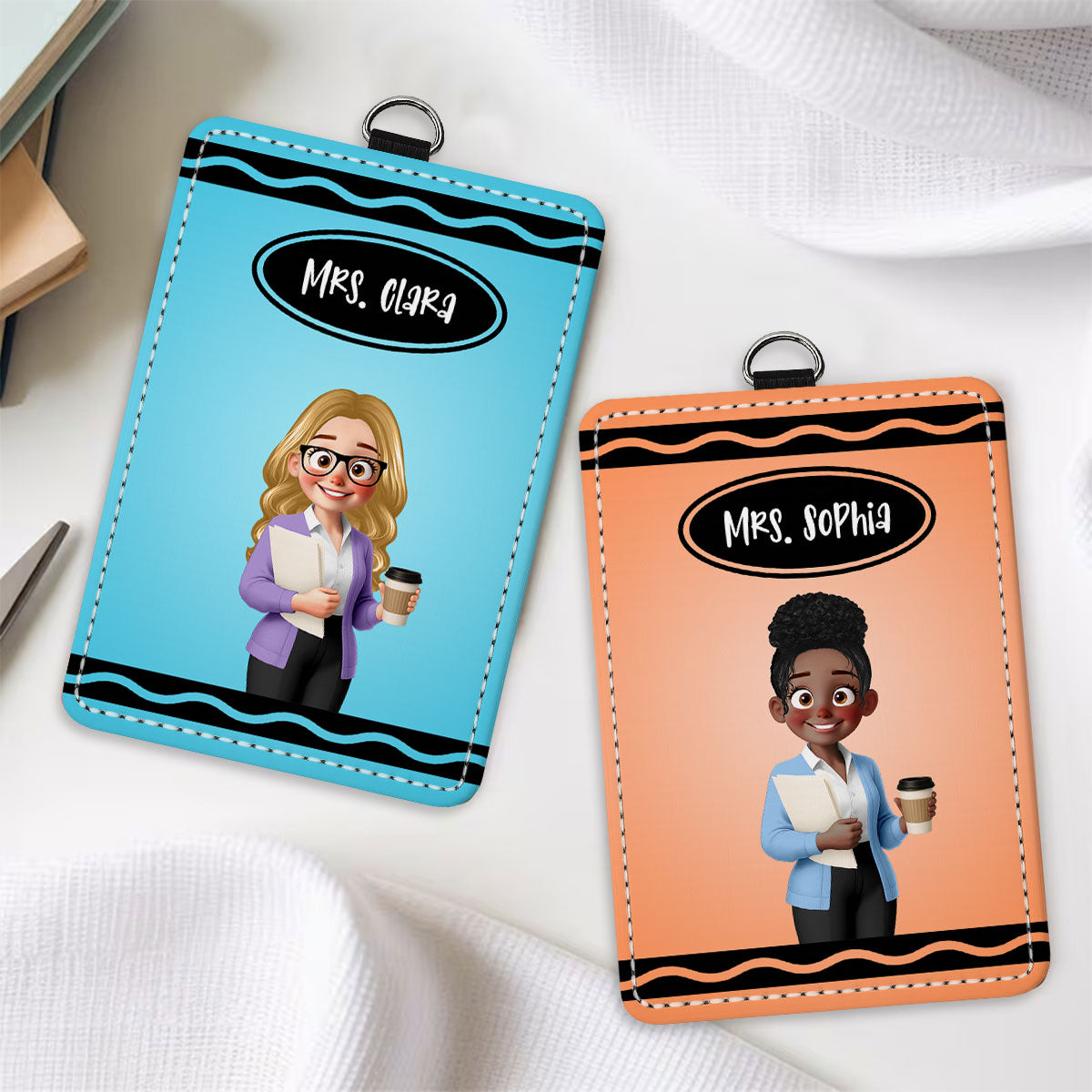 Crayon Themed Cartoon Teacher Personalized ID Badge Holder, Back To School Gift