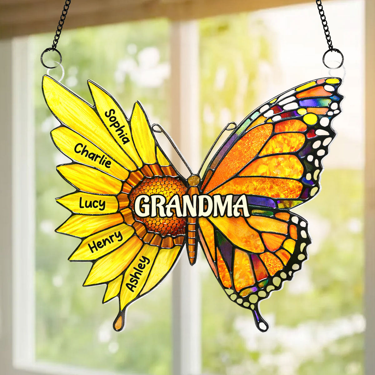 Grandma Sunflower Butterfly Custom Kids Names - Personalized Suncatcher Ornament - Mother's Day Gift For Grandma, Mom, Wife