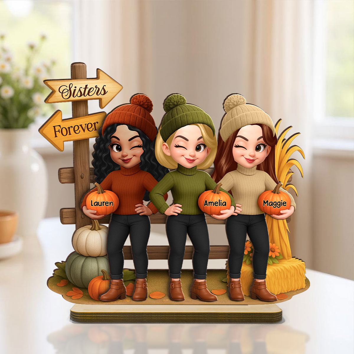 Besties Sisters Fall Season Fence Pumpkin Patch Personalized Standing Wooden Plaque