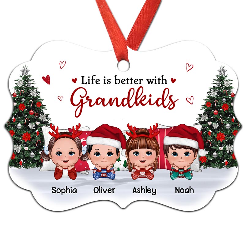 Grandkids Chin On Hands Lying Next To Christmas Tree Personalized Christmas Ornament