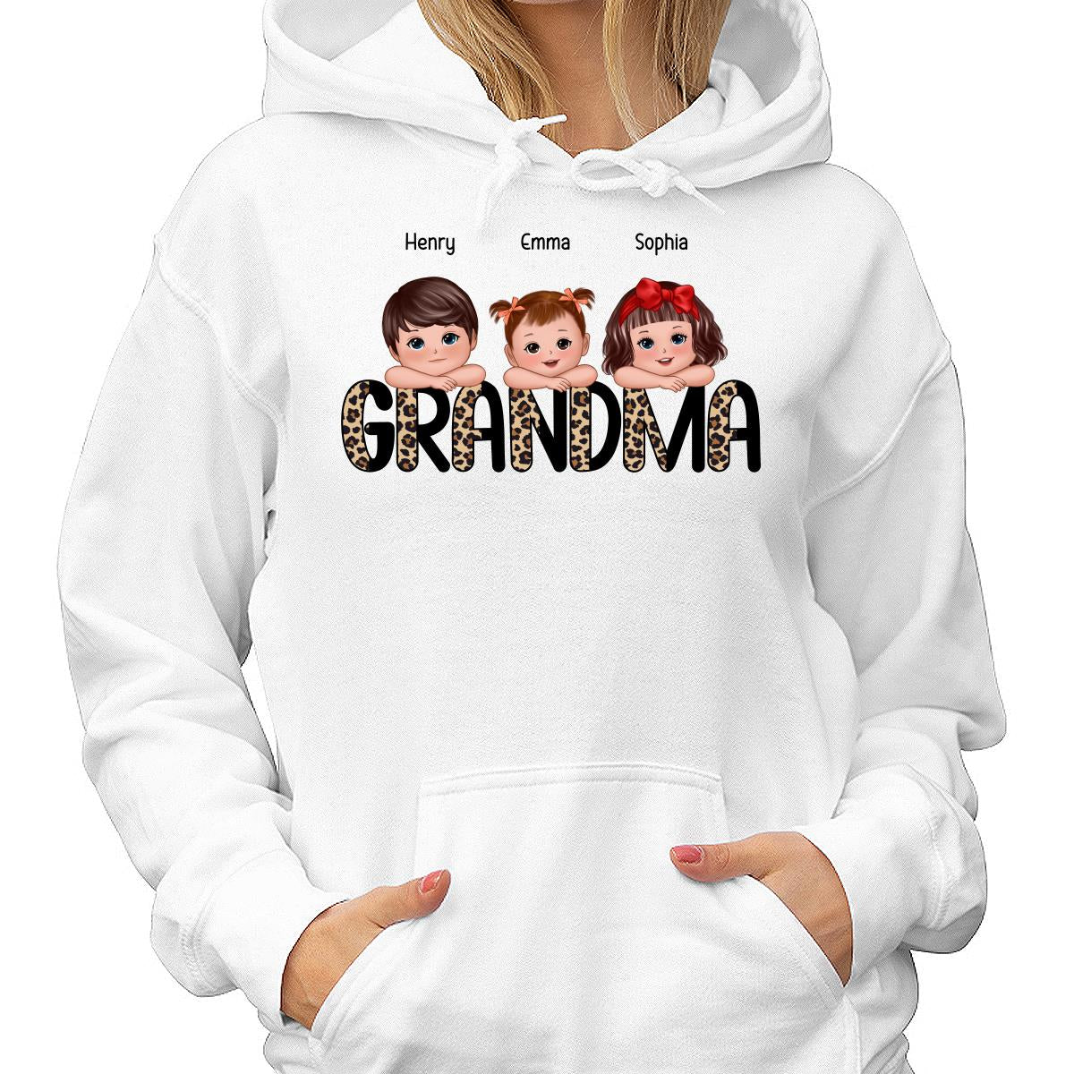 Half Leopard Grandma Cute Grandkids Laying Head On Arms Personalized Shirt