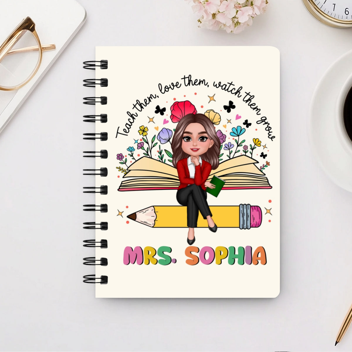 Teacher Teach Love Watch Them Grow Wildflowers Personalized Spiral Notebook Journal, Back To School Stationery