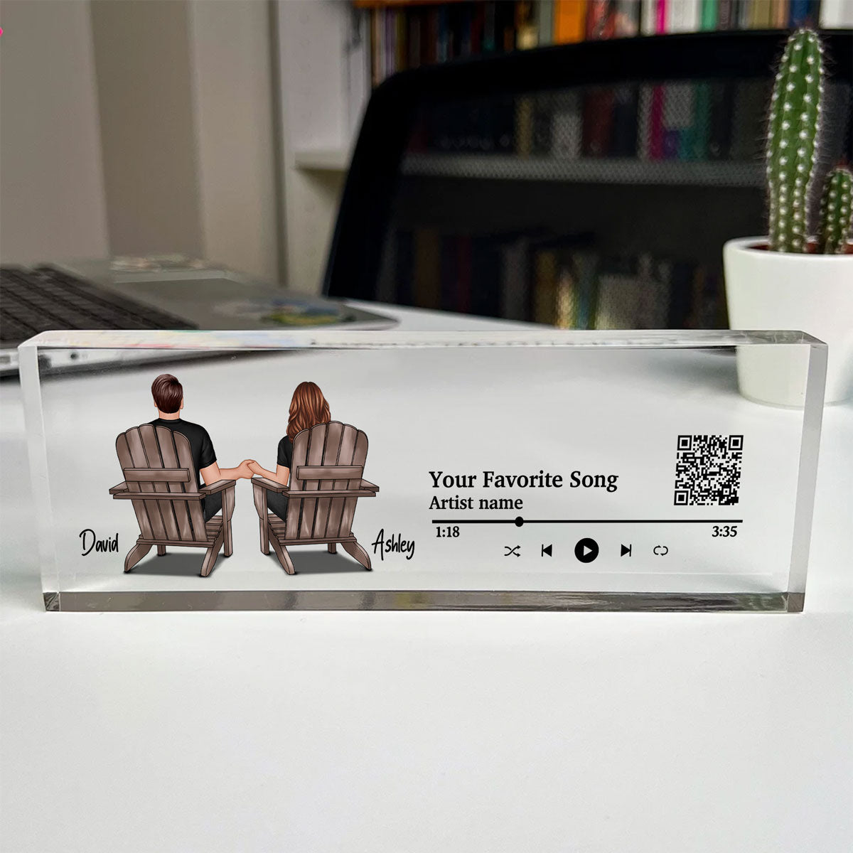 Couple Back View At Beach Favorite Song QR Code Personalized Acrylic Desk Block Plaque