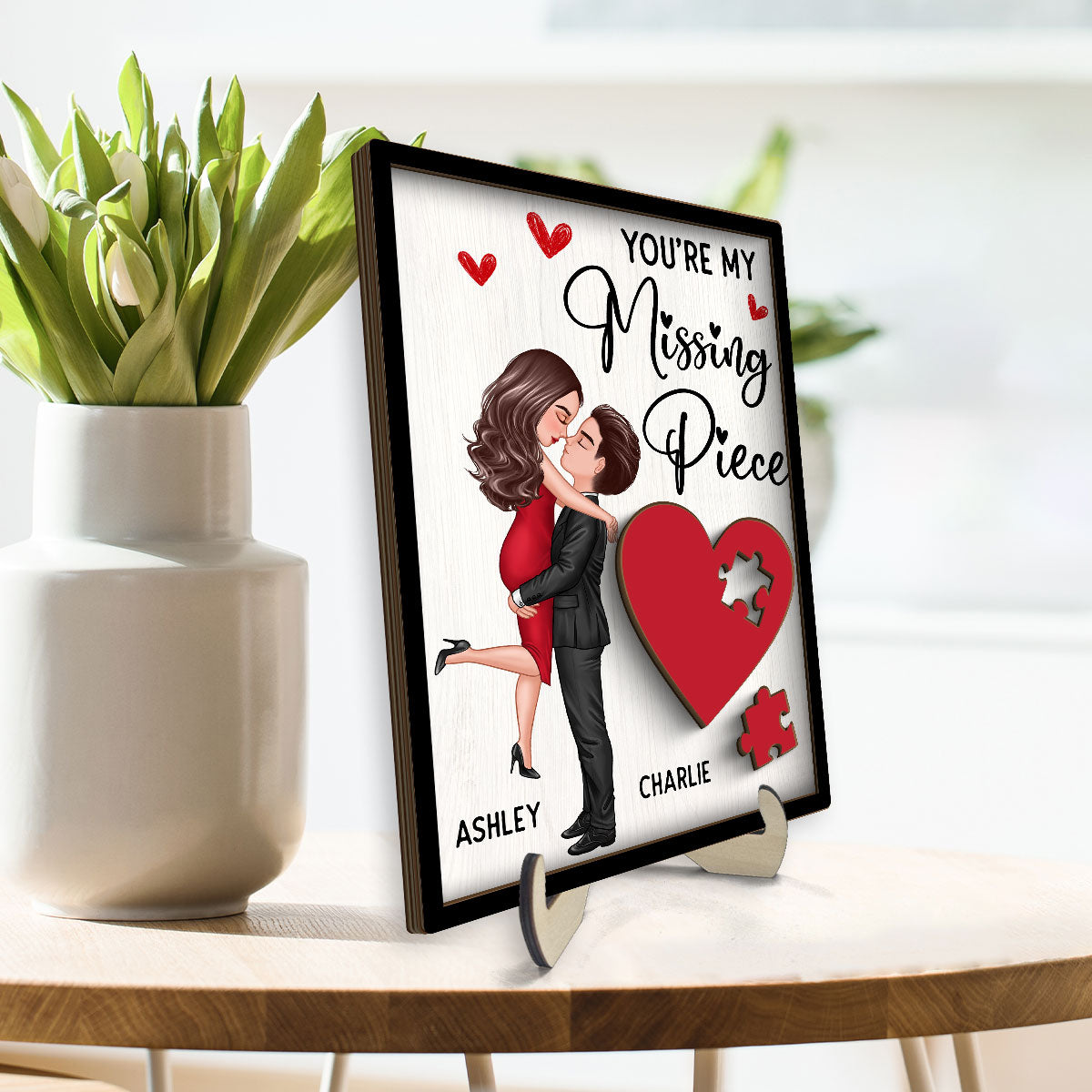 Couple Missing Piece Red Heart Valentine‘s Day Gift Personalized 2-layer Rectangle Wooden Plaque
