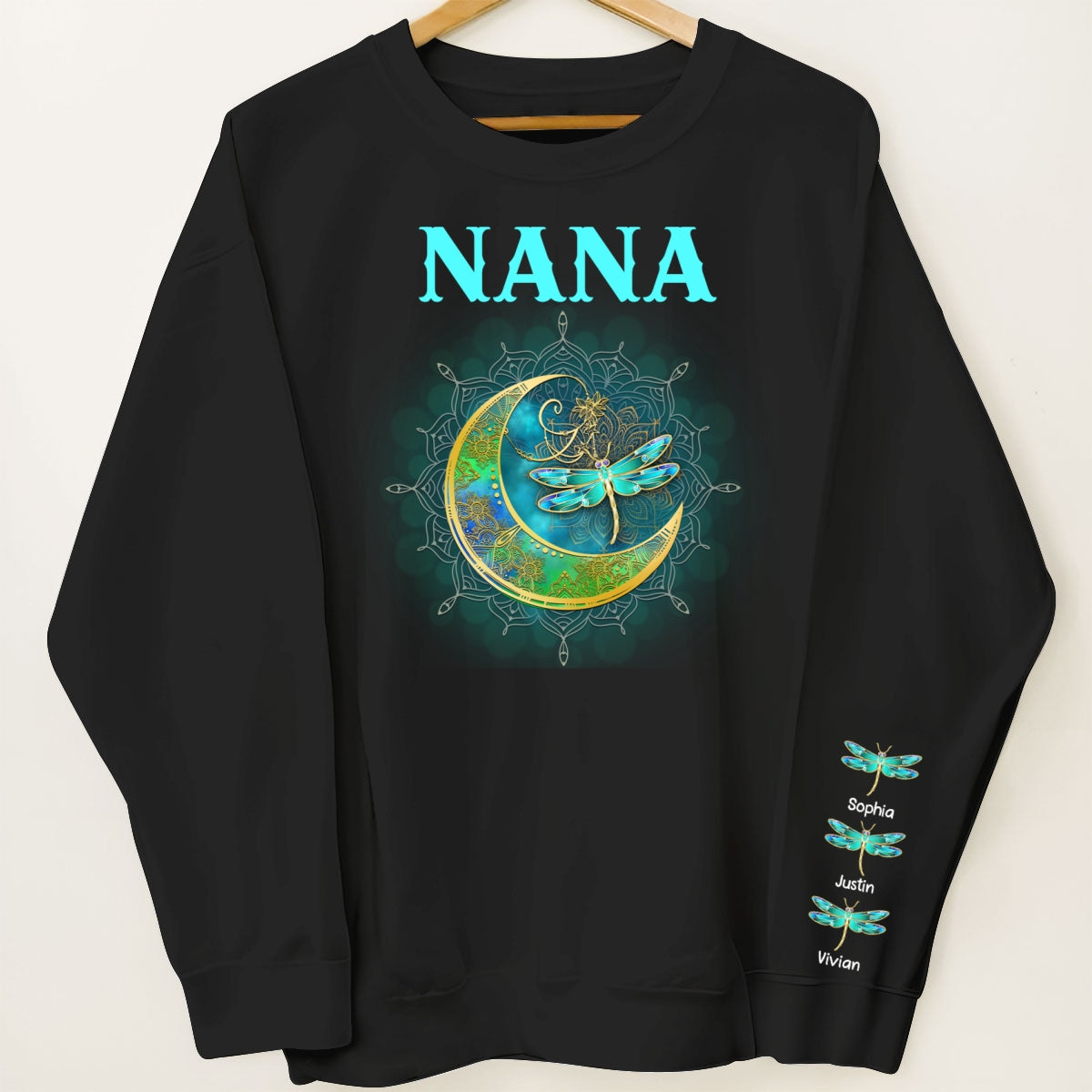 Grandma Mom Moon Mandala Dragonflies Personalized Sleeve Printed Sweatshirt