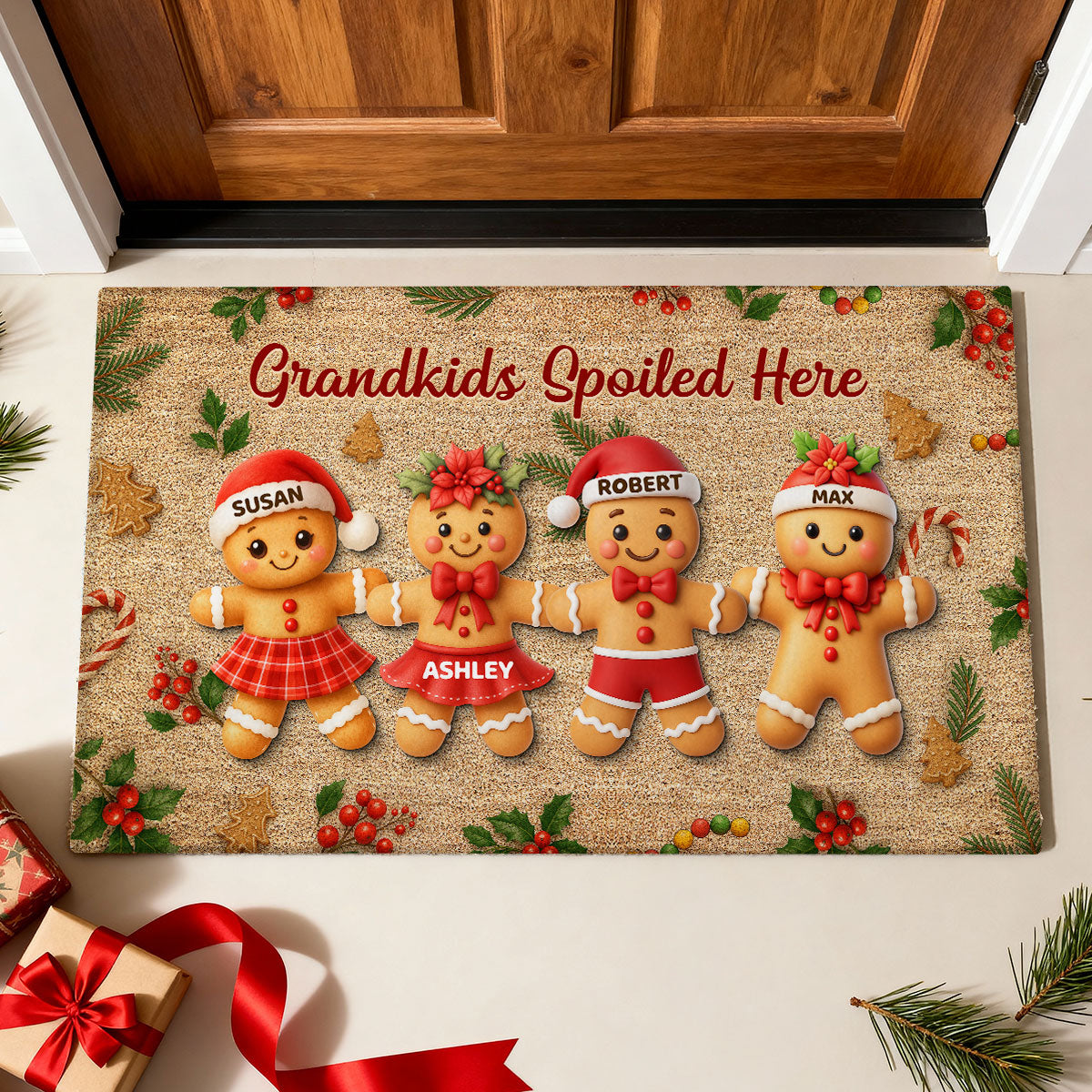 Gingerbread Grandparents and Grandkids - Personalized Doormat - Christmas Gift for Family