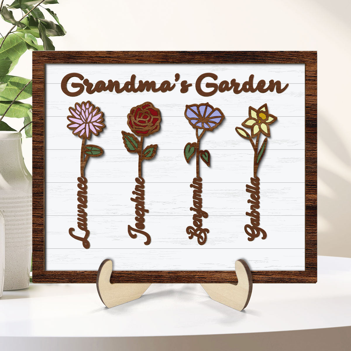 Grandma Mom Birth Month Flowers Love Grows Here Personalized 2-layer Wooden Plaque